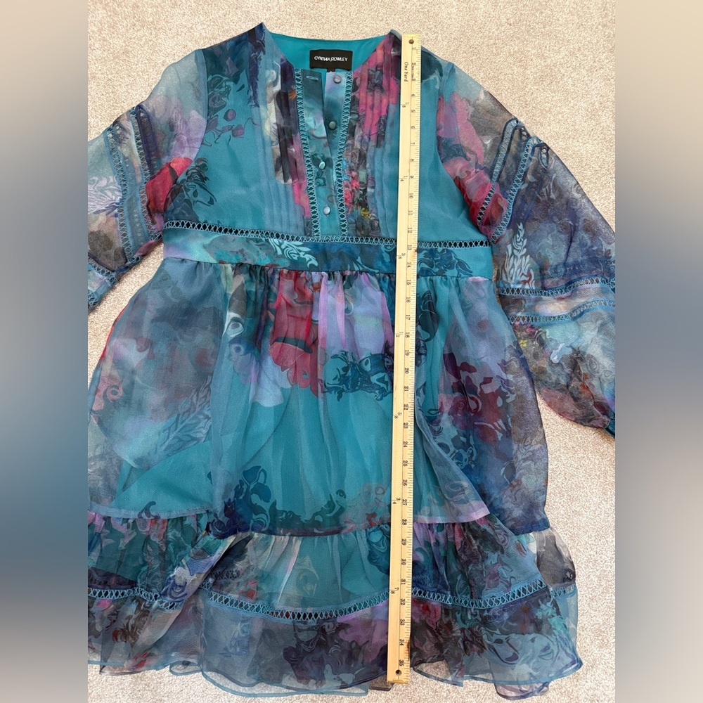 Cynthia Rowley Teal Watercolor Organza Mini Dress - size Small - PRISTINE - Picture 11 of 15